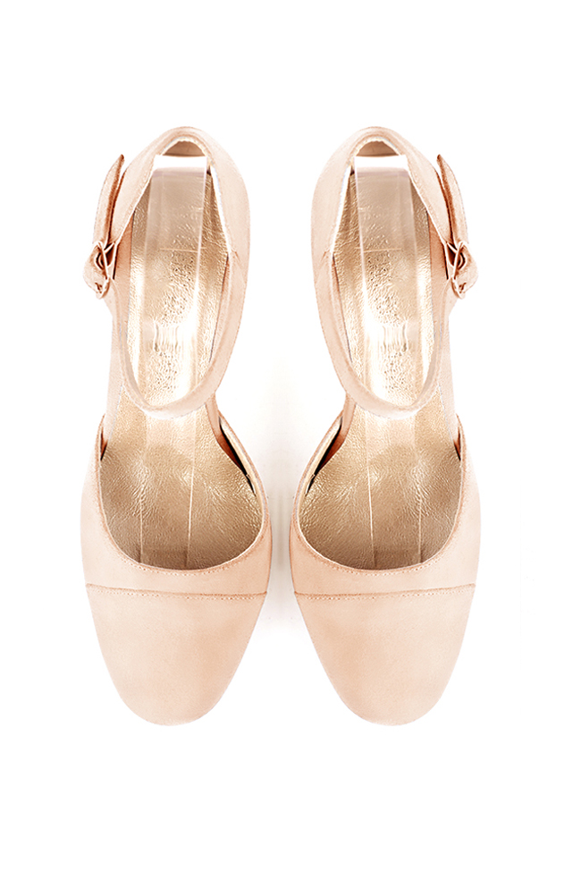 Women's powder pink elegant closed-back heels, with an instep strap. Round toe. High block heels - Top view